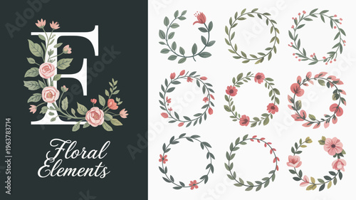 An artistic composition displays a floral letter e alongside a collection of delicate wreath illustrations in varying sizes high quality professional detailed modern elegant stylish clean