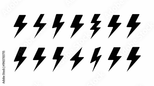 A collection of black lightning bolt icons are displayed on a stark white background arranged in two rows and five columns high quality professional detailed modern
