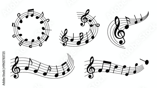 A collection of stylized musical notes and swirling lines creates an abstract circular composition evoking melody and rhythm high quality professional detailed modern elegant stylish clean