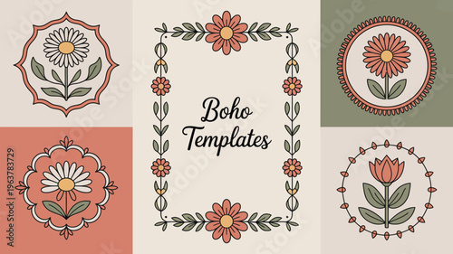 A collection of decorative floral frame templates in vintage style featuring daisies and roses with the text boho templates high quality professional detailed modern elegant stylish