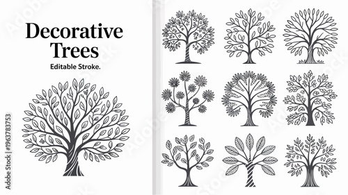 A collection of decorative trees is displayed in grayscale featuring various shapes and foliage styles for design elements high quality professional detailed modern elegant stylish clean