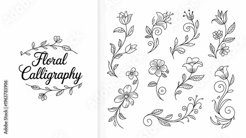 An assortment of delicate floral illustrations and elegant calligraphy is presented in a minimalist black and white design high quality professional detailed modern stylish clean crisp