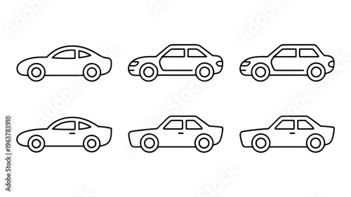 A collection of six simple black and white line drawing illustrations depicting various styles of passenger automobiles in a side profile view high quality professional detailed