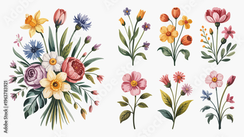 A vibrant watercolor illustration showcases an array of blossoming flowers and leafy stems artfully arranged in delicate bouquets high quality professional detailed modern elegant stylish clean
