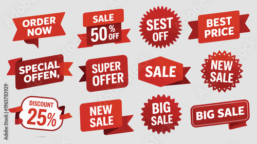 A collection of vibrant red sale ribbons and labels displaying promotional offers discounts and urgent call to action messages high quality professional detailed modern elegant stylish