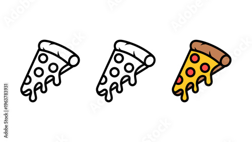 Three variations of a pizza slice are displayed an outline a thicker outline and a colored version with cheese and sauce high quality professional detailed modern