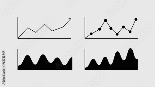 A minimalist illustration displays four separate charts line graphs showcasing upward trends and wave patterns in black high quality professional detailed modern elegant stylish clean crisp