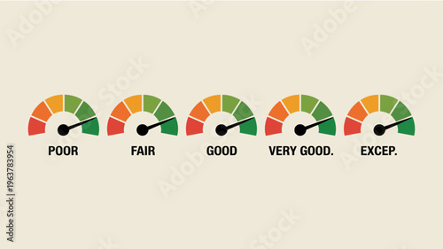 A series of five gauge charts displays a spectrum of ratings ranging from poor to except using red yellow and green high quality professional detailed modern