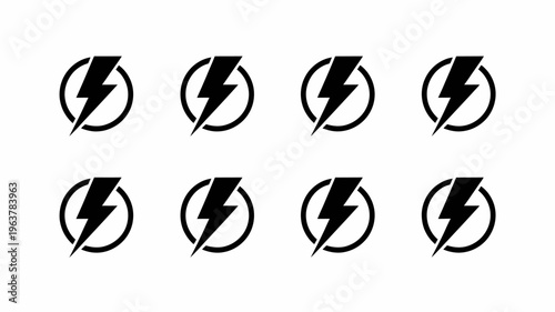 A simple graphic displays eight identical icons of a black lightning bolt enclosed within a circular frame arranged in a grid high quality professional detailed modern