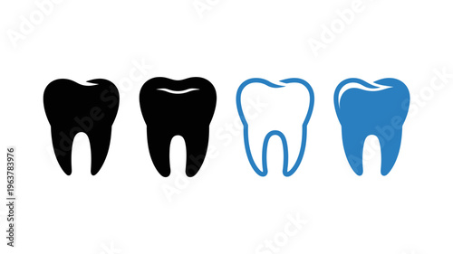 A quartet of tooth icons are displayed alternating between solid black and blue outlines representing dental health concepts high quality professional detailed modern elegant stylish clean