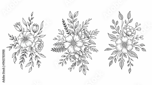 A series of three delicate floral arrangements are presented in black and white featuring detailed botanical illustrations and swirling foliage high quality professional modern elegant stylish