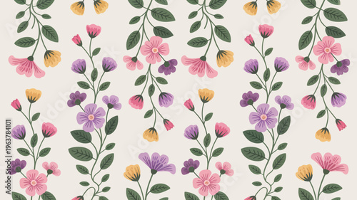 A repeating floral pattern displays delicate stems with vibrant pink purple and yellow blossoms against a soft neutral background high quality professional detailed modern elegant stylish