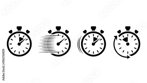 A series of four black stopwatch icons illustrate the progression of time from stopped to quickly running and then completing a lap high quality professional detailed