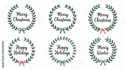 Six holiday wreaths are displayed featuring text like merry christmas and happy holidays with red ribbon accents high quality professional detailed modern elegant stylish clean crisp