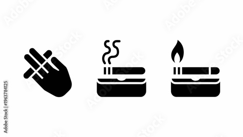 A set of three black glyph icons depict stages of smoking holding smoldering and lit cigarettes high quality professional detailed modern elegant stylish clean crisp vibrant
