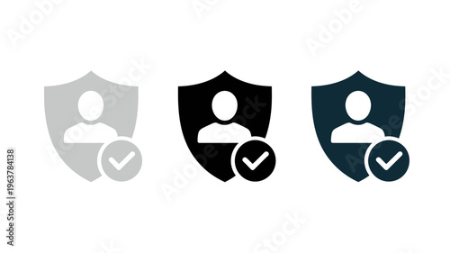 A set of three shield icons with a profile silhouette and checkmark varying in color and shade high quality professional detailed modern elegant stylish clean crisp