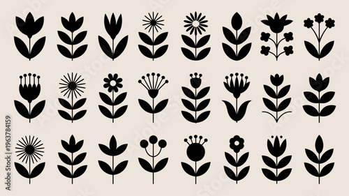 A collection of stylized black floral silhouettes are arranged in a grid pattern on a light beige background showcasing botanical forms high quality professional detailed modern