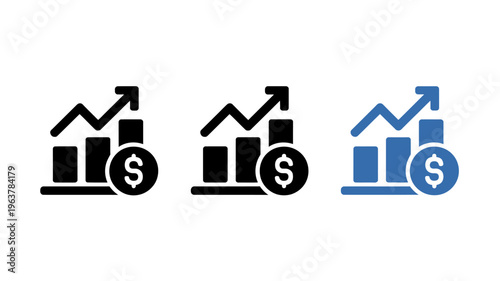 A set of three icons depicting financial growth and monetary value showing a bar graph with an upward trend and a coin high quality professional detailed