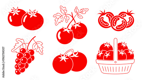 A collection of vibrant red tomato illustrations including whole tomatoes sliced tomatoes vine ripened bunches and a basket full high quality professional detailed modern elegant stylish