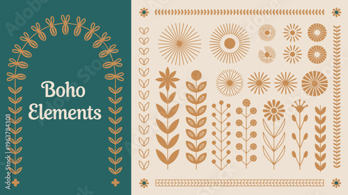 A decorative graphic showcases a collection of boho style elements including floral motifs arches and geometric shapes in warm tones high quality professional detailed modern elegant