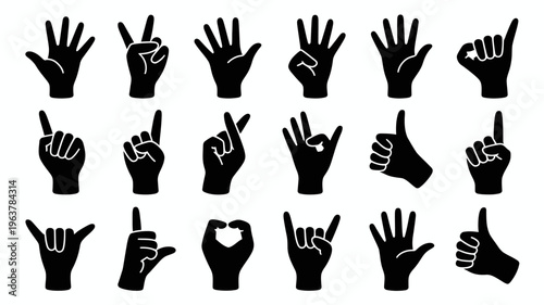A collection of black silhouette hands displaying various hand gestures and finger counting formations against a white background high quality professional detailed modern elegant stylish clean