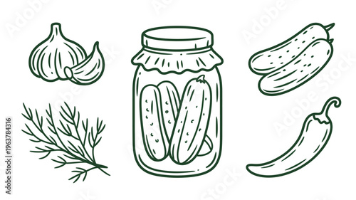 A hand drawn illustration depicts a jar of pickles accompanied by garlic dill a chili pepper and individual cucumber slices high quality professional detailed modern elegant