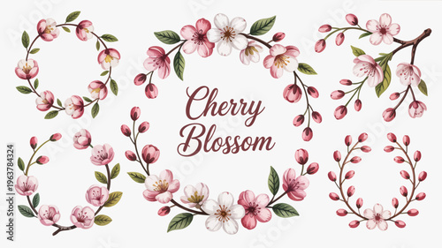 A watercolor illustration depicts several cherry blossom branches and wreaths featuring delicate pink and white petals and green leaves high quality professional detailed modern elegant stylish