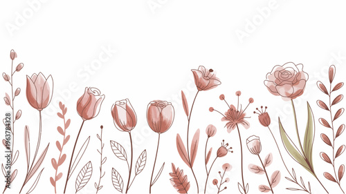 A delicate floral arrangement featuring various sketched blooms in muted rose tones with leaves and stems creating a natural border high quality professional detailed modern elegant