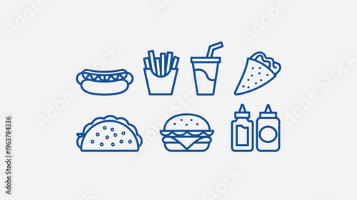 A collection of fast food icons is displayed including hotdogs french fries tacos burgers and beverage options high quality professional detailed modern elegant stylish clean crisp