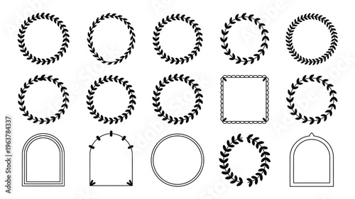 A collection of black and white laurel wreaths frames and decorative elements are displayed in various circular and geometric shapes high quality professional detailed modern elegant