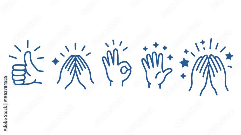 Fototapeta premium A series of blue line drawn hands displaying various gestures including clapping thumbs up and open palms with stars high quality professional detailed modern elegant stylish