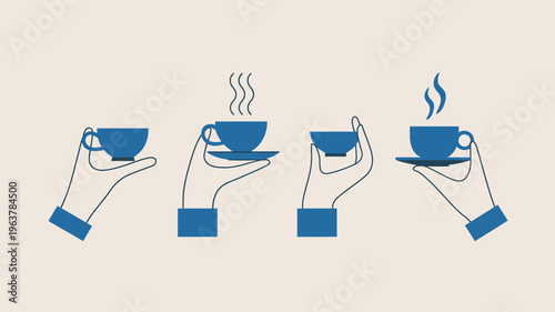 A minimalist illustration depicts four hands gently holding blue teacups and saucers with wisps of steam rising from two high quality professional detailed modern elegant stylish