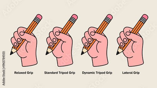 Four hands demonstrate different pencil grip styles including relaxed standard tripod dynamic tripod and lateral grips high quality professional detailed modern elegant stylish clean crisp vibrant