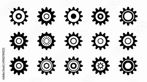 A collection of black gear icons and cogs arranged in a grid pattern on a clean white background showcasing mechanical elements high quality professional detailed modern