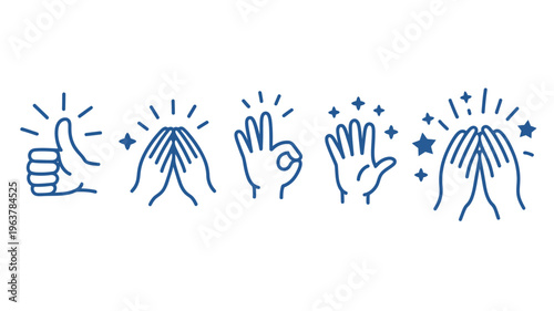 A series of blue line drawn hands displaying various gestures including clapping thumbs up and open palms with stars high quality professional detailed modern elegant stylish