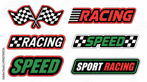 A collection of racing themed stickers and badges featuring checkered flags speed indicators and bold text designs high quality professional detailed modern elegant stylish clean crisp