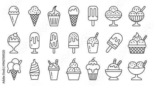 A collection of various ice cream treats is shown in a simple linear style including cones popsicles and sundaes high quality professional detailed modern elegant stylish