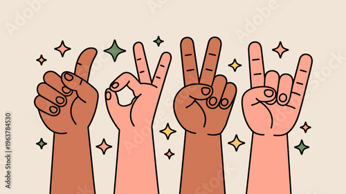 Five diverse hands are shown making different hand gestures including pointing peace signs and the rock on sign adorned with sparkles high quality professional detailed modern