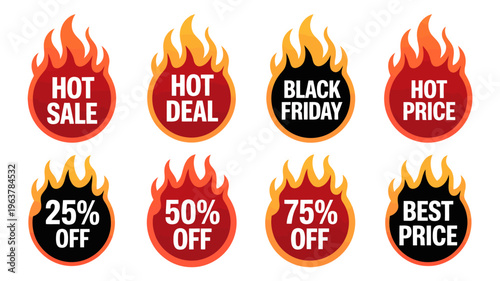 A collection of circular sale badges with flames advertising discounts and special offers like black friday and hot sale high quality professional detailed modern elegant stylish