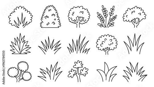 A collection of various plant and tree illustrations are displayed in a simple linear black and white style on a white background high quality professional detailed