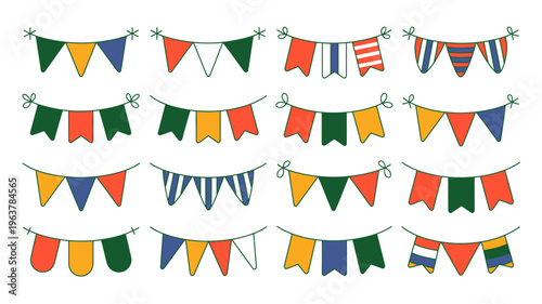 A colorful collection of hand drawn bunting flags in various patterns and colors is arranged against a clean white background high quality professional detailed modern elegant
