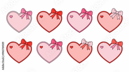 A collection of eight colorful heart shapes each adorned with a decorative bow and a small heart detail inside high quality professional detailed modern elegant stylish