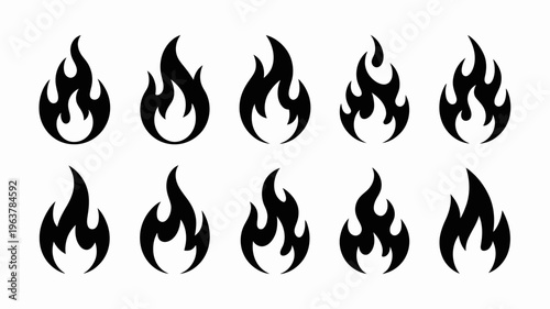 A collection of stylized black flames are displayed in a grid like arrangement presenting various shapes and designs of fire high quality professional detailed modern elegant