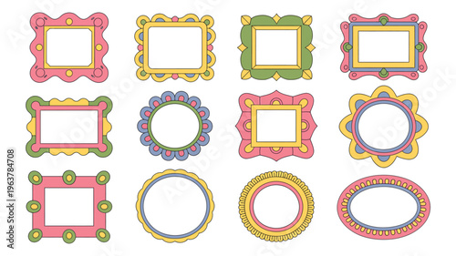 A colorful arrangement of twelve decorative frames is displayed against a white background showcasing diverse shapes and vibrant color schemes high quality professional detailed modern elegant