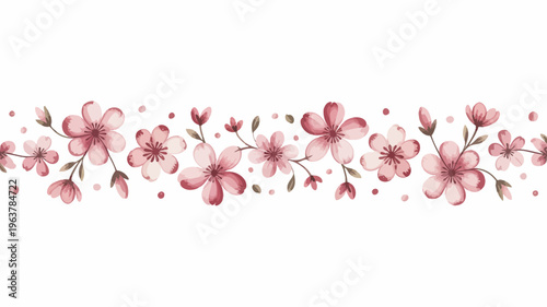 A delicate floral border showcases blossoming pink cherry flowers and budding branches against a clean white background high quality professional detailed modern elegant stylish crisp vibrant