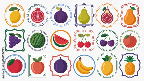 A colorful arrangement showcases various sliced and whole fruits including citrus berries melons and tropical options in circular frames high quality professional detailed modern elegant stylish