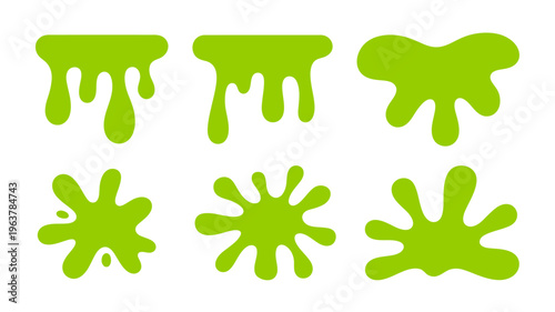 A collection of vibrant green slime splatters and drips displaying various amorphous shapes and textures on a white background high quality professional detailed modern elegant stylish