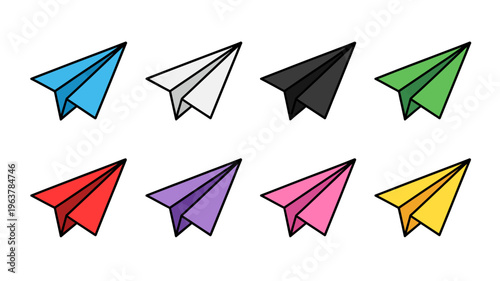 A collection of colorful paper airplanes is displayed against a white background showcasing various hues and designs high quality professional detailed modern elegant stylish clean crisp