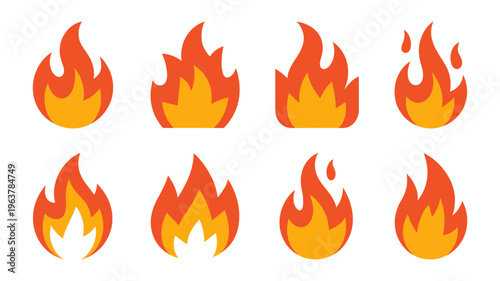 A collection of vibrant cartoon style flames in shades of orange and yellow are displayed against a stark white background offering a fiery visual high quality