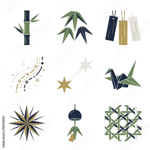 北欧風和モダンな七夕アイコン9種セット 白背景に孤立したミニマルな笹と短冊のイラスト 夏の行事や星空のデザインに最適な高品質素材